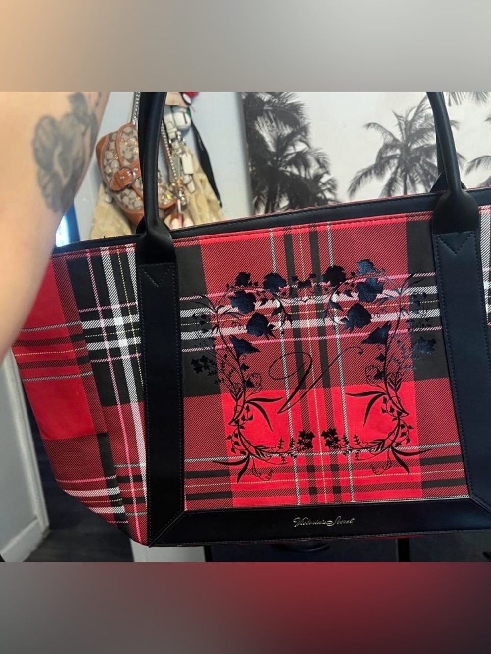 Victoria's Secret Red Plaid Tote with Black Floral Accents